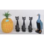 COLLECTION OF RETRO ITEMS - PINEAPPLE ICE BUCKET & KITSCH CAT FIGURES