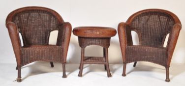 PAIR OF WICKER ARMCHAIRS & TABLE