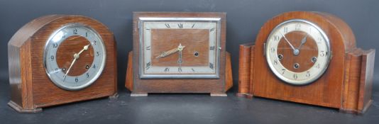 THREE OAK & WALNUT ART DECO 1930S MANTEL CLOCKS