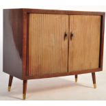 MID 20TH CENTURY TAMBOUR FRONTED TEAK RECORD CABINET