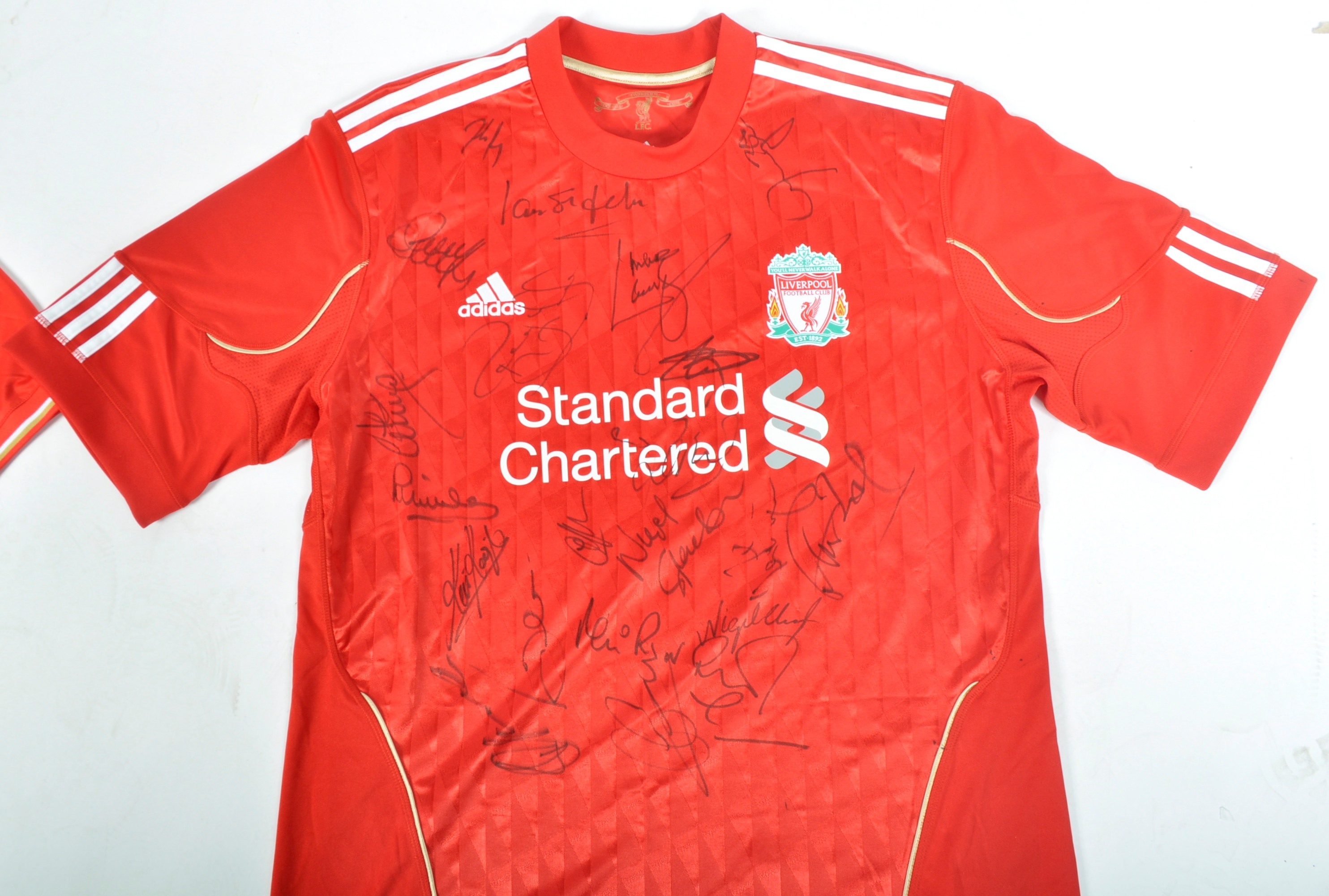 LIVERPOOL FOOTBALL CLUB - A PAIR OF SIGNED RED HOME SHIRTS - Image 4 of 10