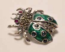 SILVER ENAMEL BUG BROOCH SET WITH COLOURED STONES