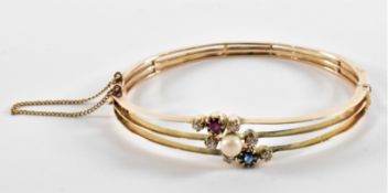 VICTORIAN 14CT GOLD DIAMOND RUBY & SAPPHIRE BANGLE