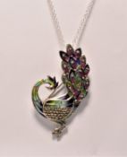 SILVER PILQUE A JOUR & RUBY PEACOCK PENDANT NECKLA