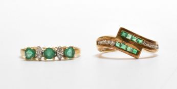 TWO GOLD EMERALD & DIAMOND RINGS