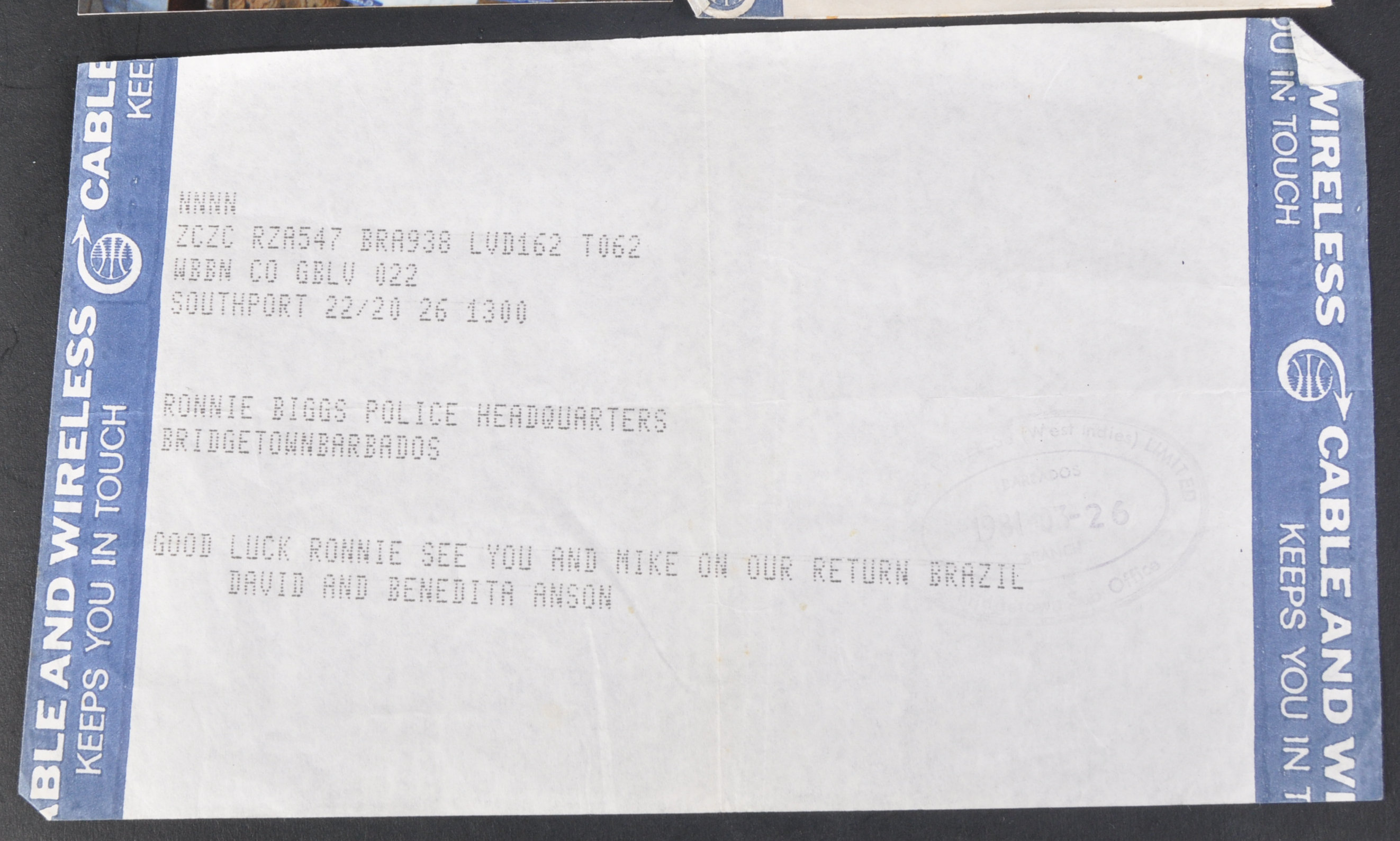 GREAT TRAIN ROBBERY - TELEGRAMS SENT TO BIGGS IN RIO - Image 2 of 5