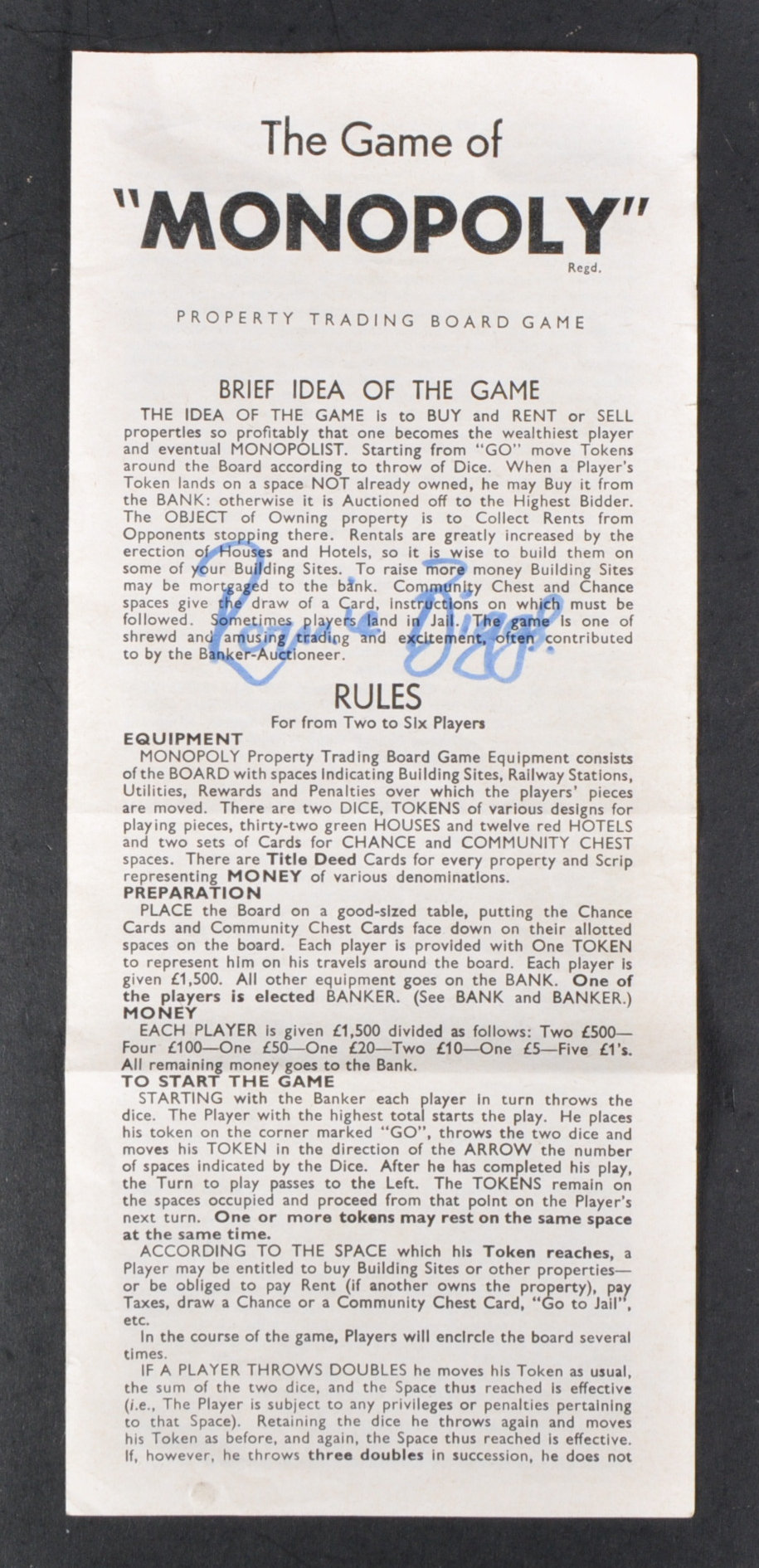 GREAT TRAIN ROBBERY - RONNIE BIGGS AUTOGRAPHED MONOPOLY INSTRUCTIONS