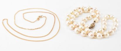 9CT GOLD NECKLACE CHAIN & CULTURED PEARL NECKLACE