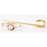 HALLMARKED 9CT GOLD & PEARL RING & HORSE SHOE STICK PIN