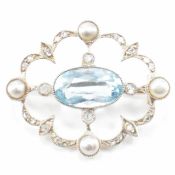 ANTIQUE AQUAMARINE PEARL & DIAMOND BROOCH