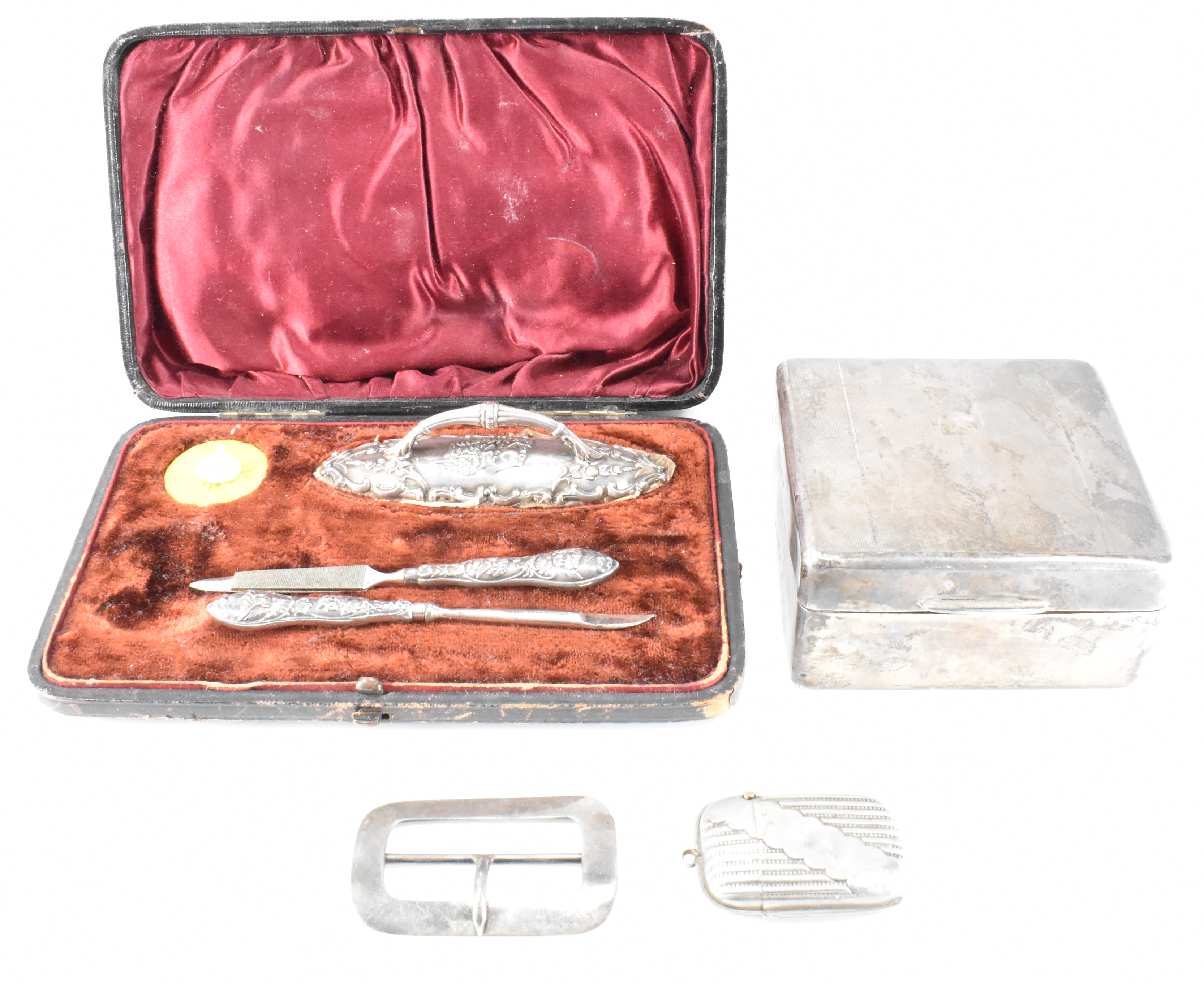 EARLY 20TH CENTURY SILVER BOX BUCKLE & MANICURE SET