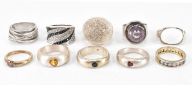 GROUP OF TEN SILVER STONE SET RINGS