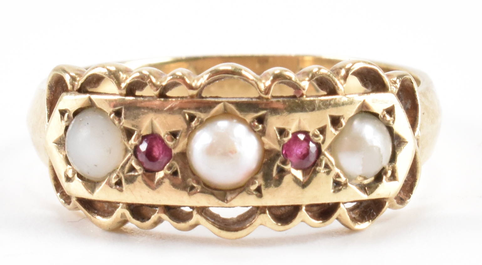 HALLMARKED 9CT GOLD RUBY & CULTURED PEARL RING