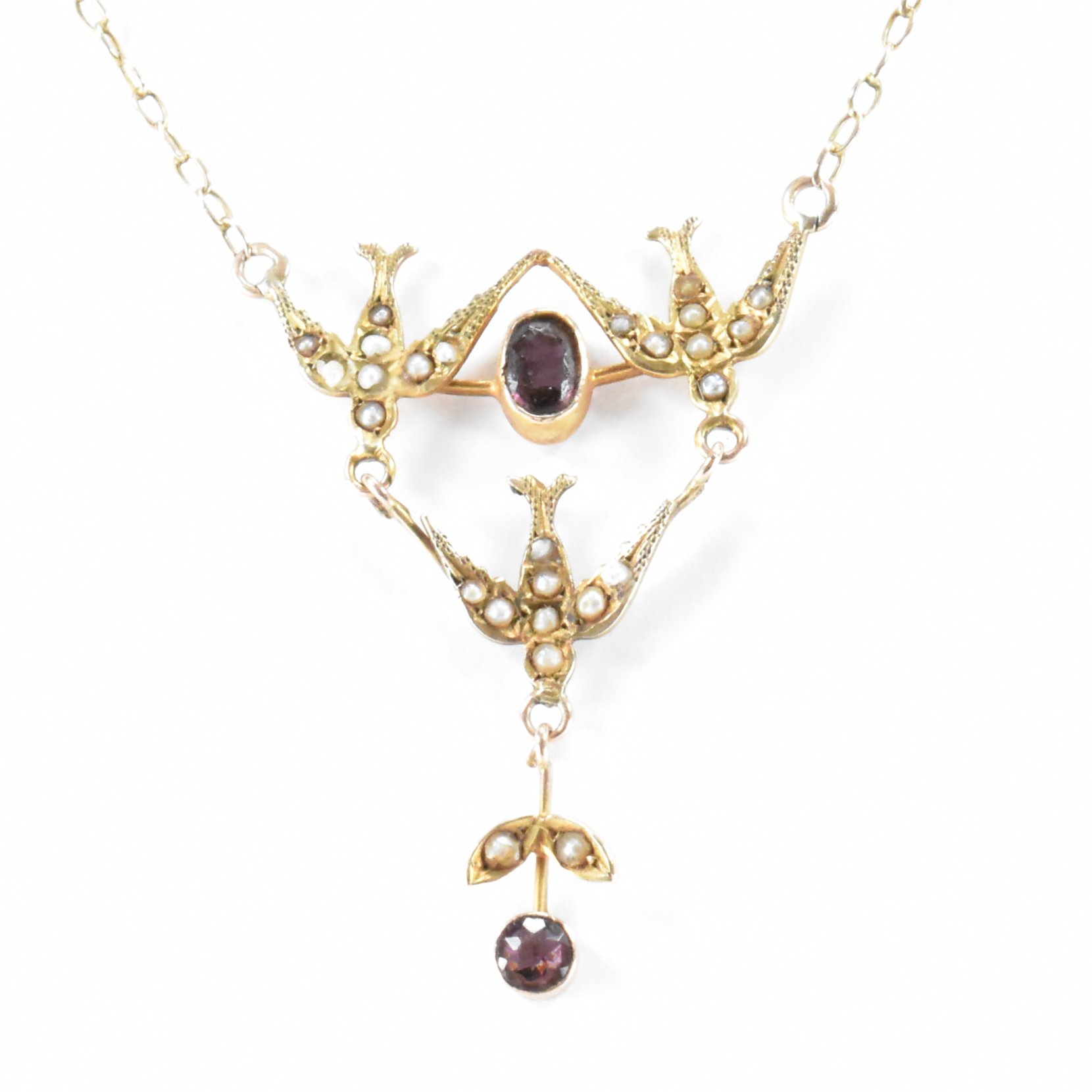 VICTORIAN GOLD SEEDPEARL & PASTE SWALLOW NECKLACE