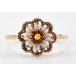 HALLMARKED 9CT GOLD CITRINE & HALF PEARL CLUSTER RING