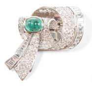 FRENCH ART DECO WHITE GOLD EMERALD & DIAMOND DRESS CLIP