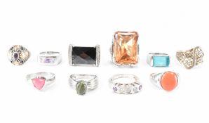 TEN SILVER ASSORTED STONE SET RINGS