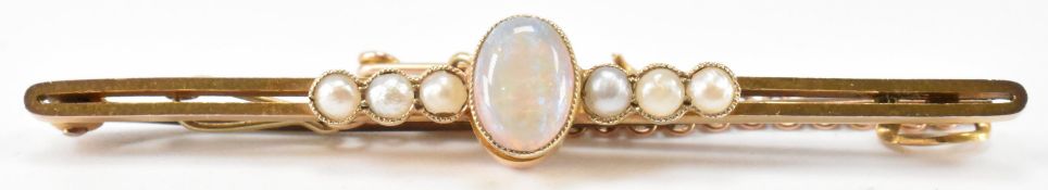 EDWARDIAN 9CT GOLD OPAL & SEED PEARL BAR BROOCH