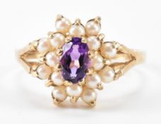 HALLMARKED 9CT GOLD AMETHYST & SEEDPEARL RING