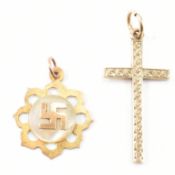 TWO VINTAGE GOLD PENDANTS - CRUCIFIX & SWASTIKA