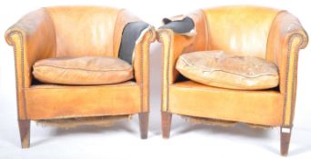 PAIR OF DUTCH SHEEPSKIN TAN BROWN LEATHER CLUB ARMCHAIRS