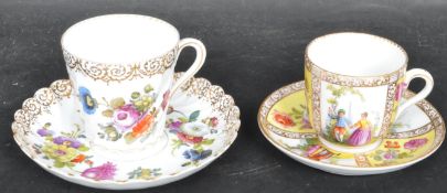 TWO EARLY 20TH CENTURY DRESDEN STYLE TEACUPS & SAUCERS