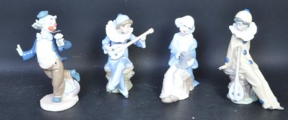 FOUR NAO SPANISH PORCELAIN CLOWN PIERROT FIGURES