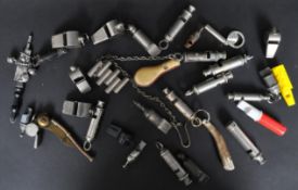 A COLLECTION OF VINTAGE METAL - WOODEN - PLASTIC WHISTLES