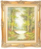 MID 20TH CENTURY OIL ON CANVAS PAINTING OF A WOODLAND SCENE