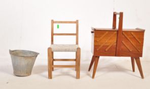 MID CENTURY METAMORPHIC SEWING BOX, WICKER CHAIR & BUCKET