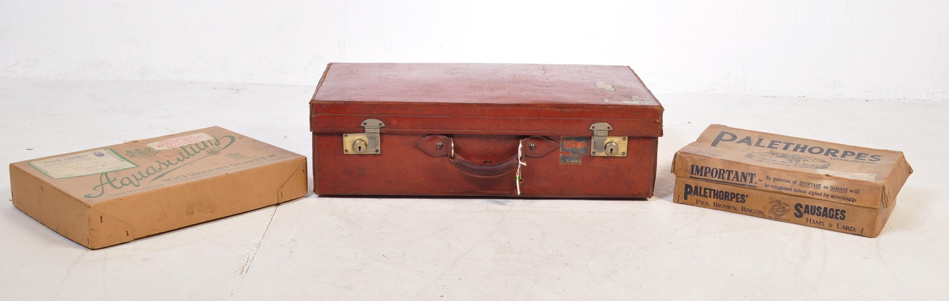 VINTAGE LEATHER SUITCASE WITH ANOTHER & ADVERTSING BOXES - Image 2 of 12