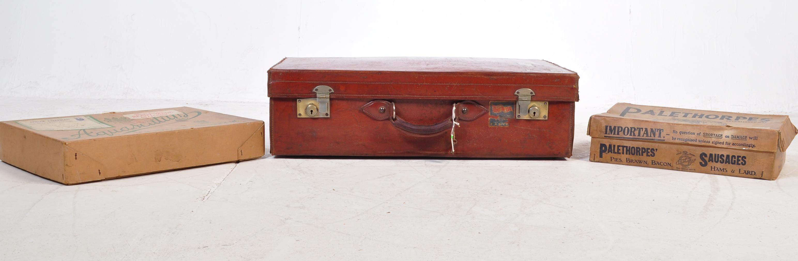 VINTAGE LEATHER SUITCASE WITH ANOTHER & ADVERTSING BOXES