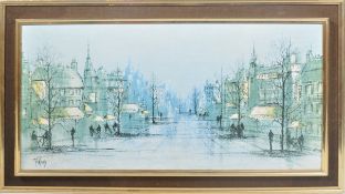 HOLLAND - MID CENTURY PRINT ON BOARD DEPICTING A CITY SCENE