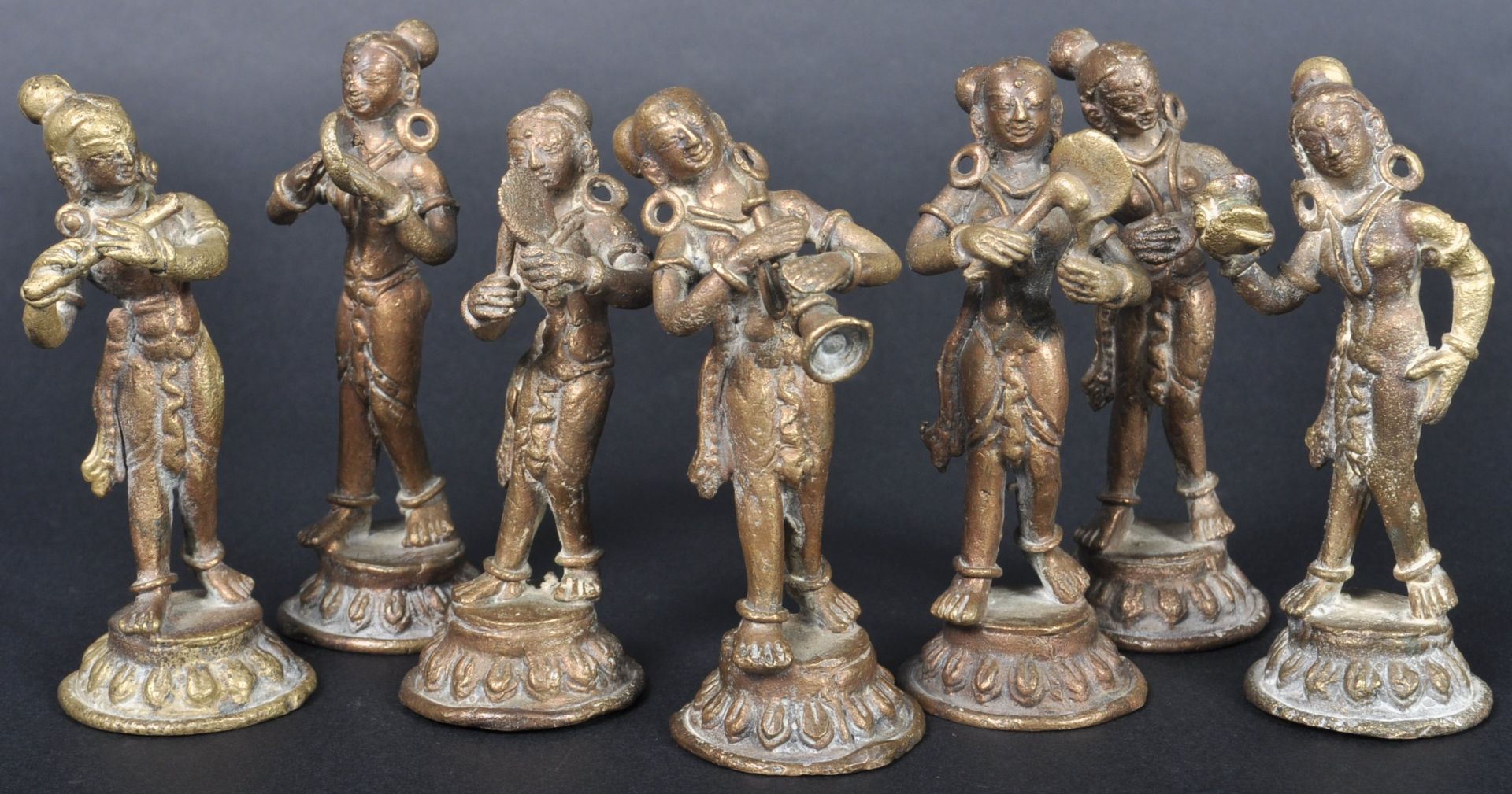 SEVEN 19TH CENTURY INDIAN HINDU BRONZE MUSICIAN FIGURES
