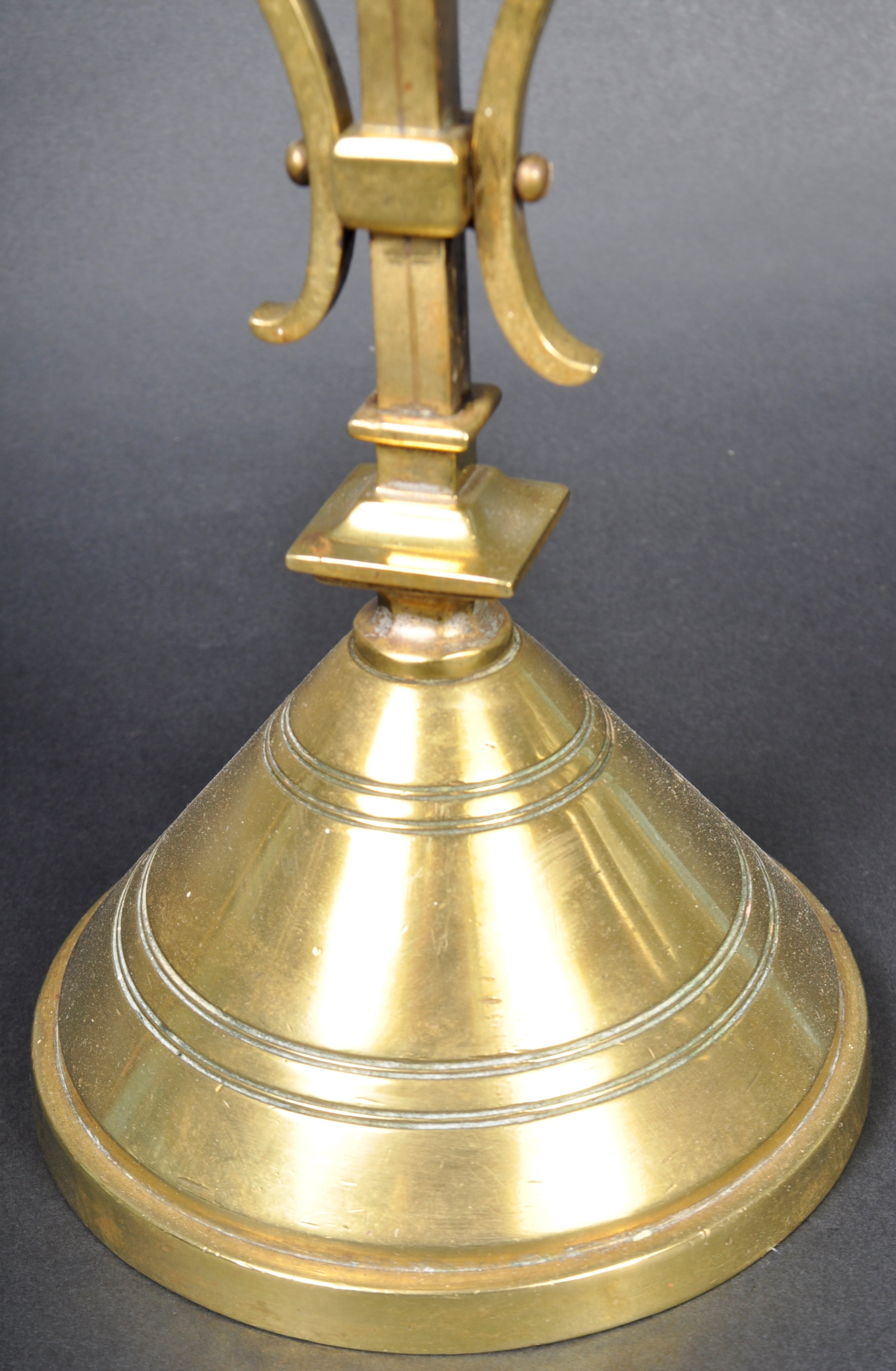 LATE 19TH CENTURY GOTHIC POLISHED BRASS TRIPLE CANDLESTICK - Image 5 of 7