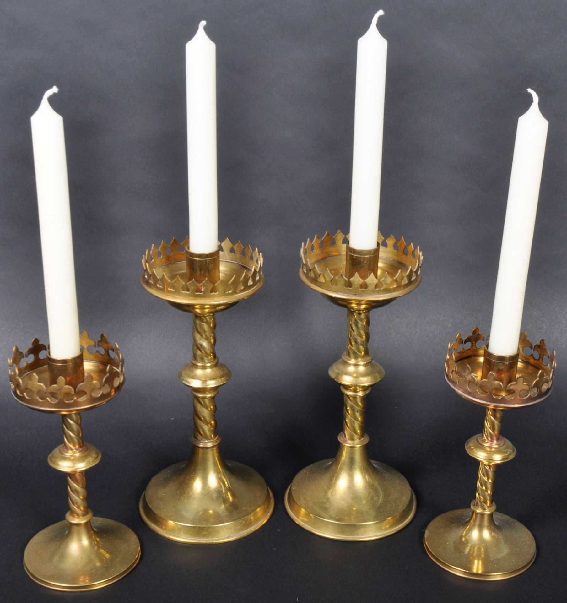 TWO PAIRS OF 19TH CENTURY GOTHIC BRASS CANDLESTICKS - Image 2 of 5