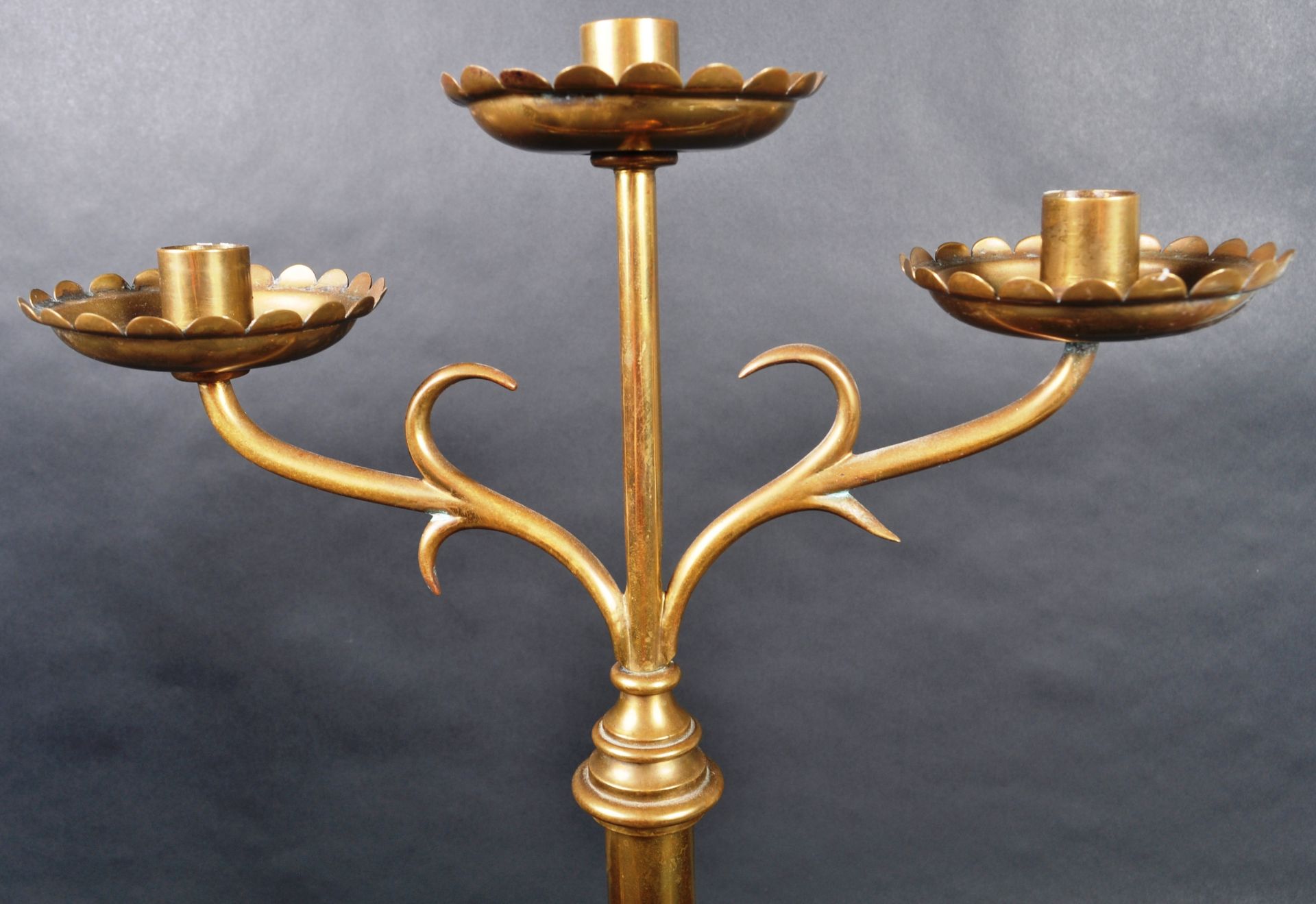 PAIR OF 19TH CENTURY GOTHIC BRASS TRIPLE CANDLESTICKS - Image 5 of 8