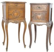 NEAR PAIR OF MARBLE TOPPED WALNUT FRENCH BEDSIDES