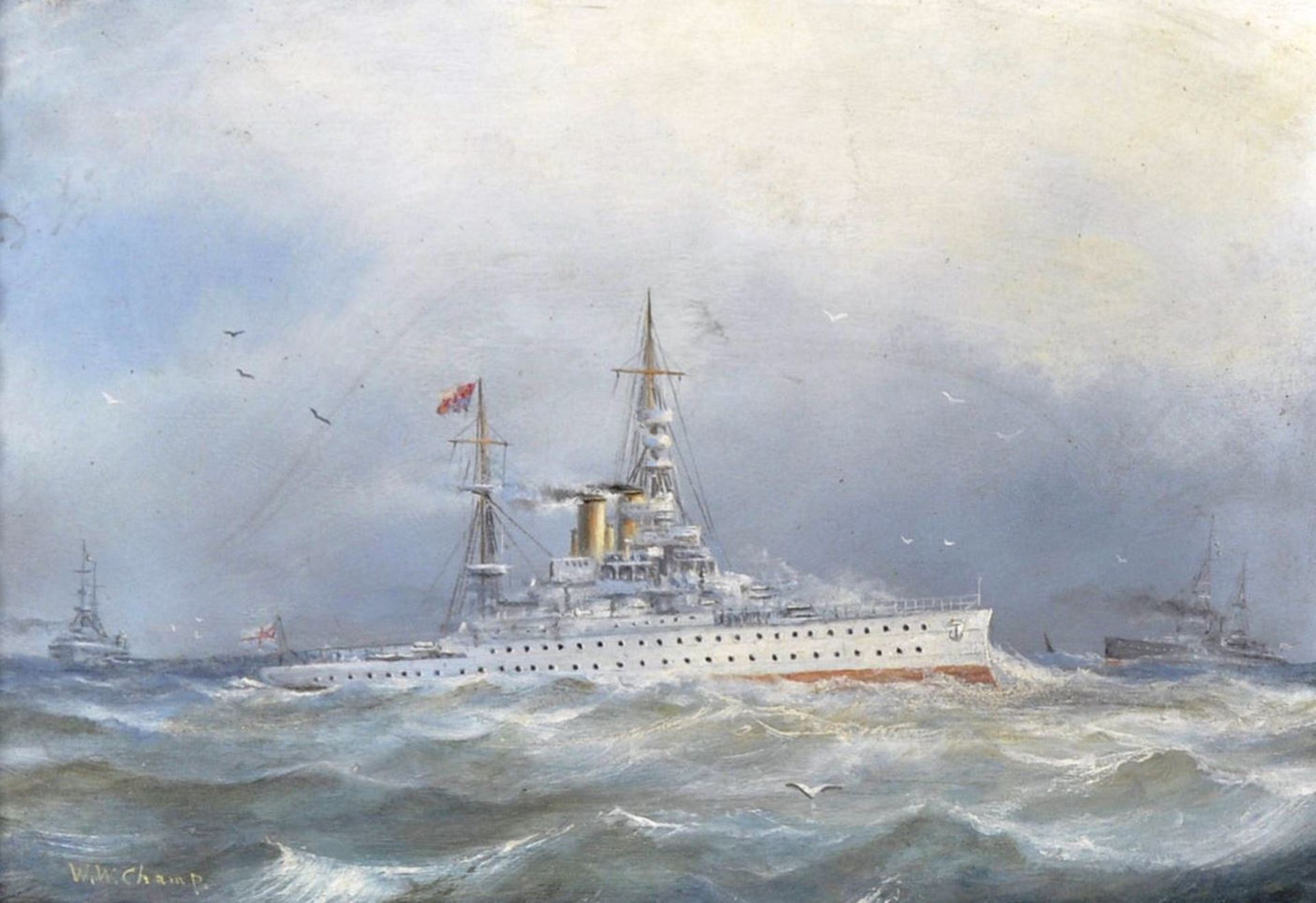 W W CHAMP - OIL ON BOARD OF THE FLAGSHIP HMS BARHAM - Image 2 of 9