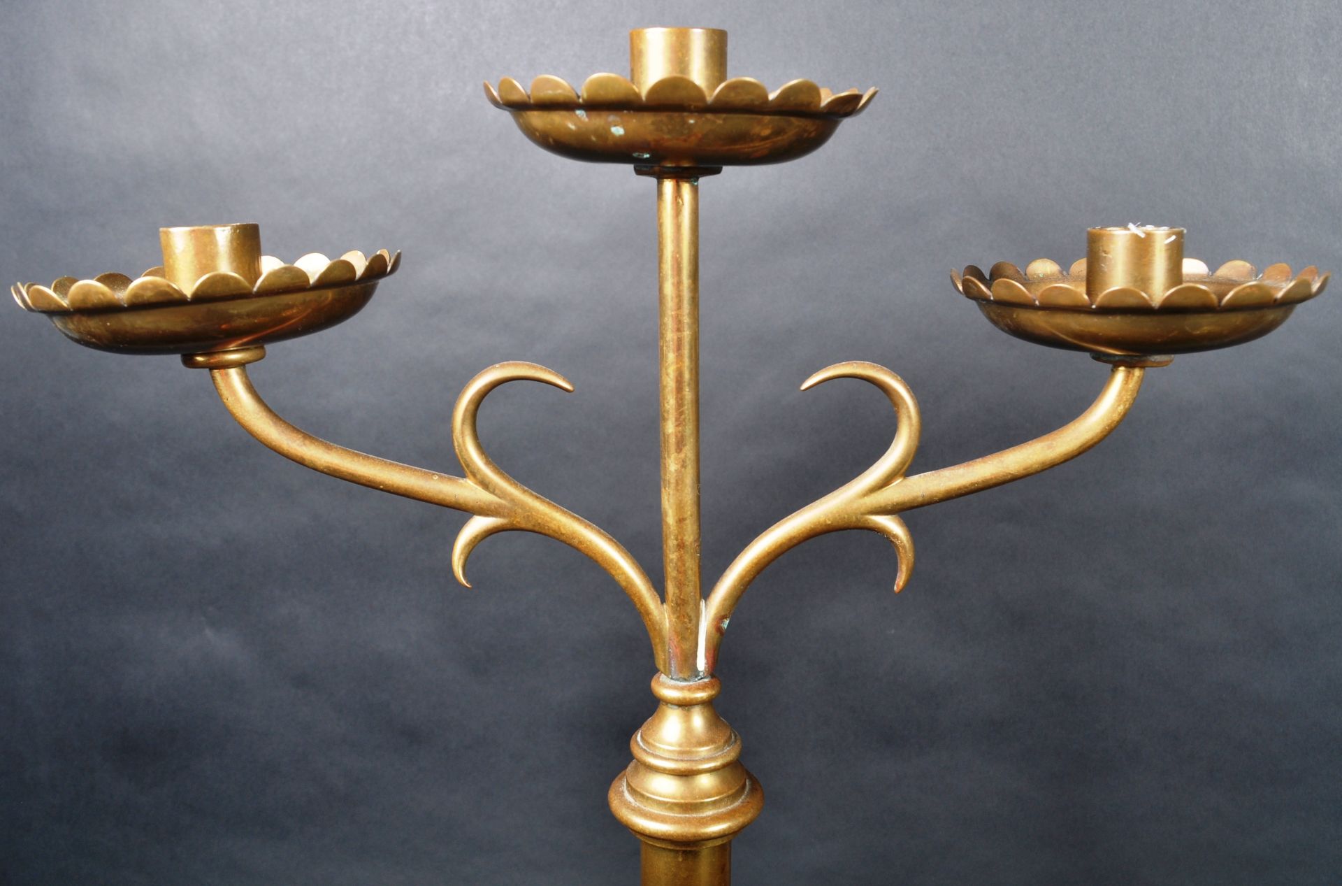PAIR OF 19TH CENTURY GOTHIC BRASS TRIPLE CANDLESTICKS - Image 2 of 8