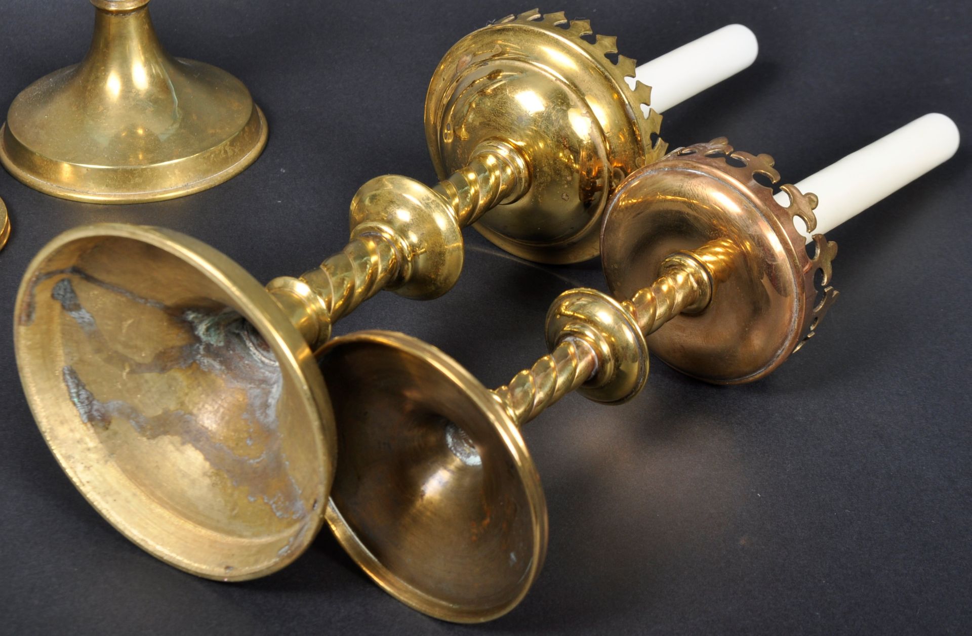 TWO PAIRS OF 19TH CENTURY GOTHIC BRASS CANDLESTICKS - Image 5 of 5