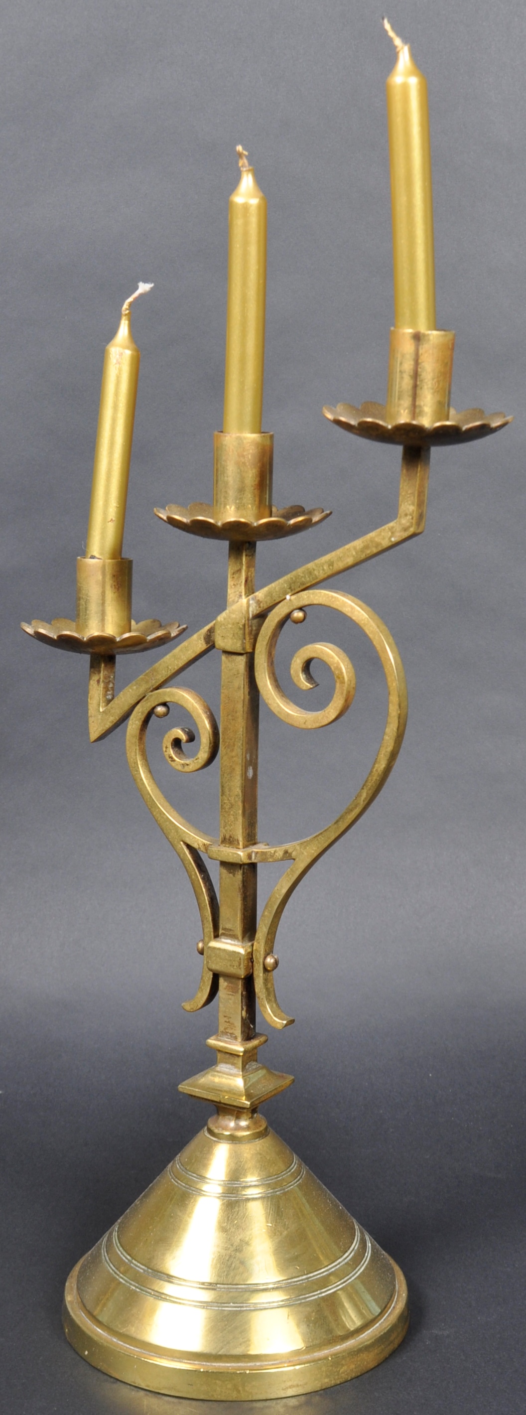 LATE 19TH CENTURY GOTHIC POLISHED BRASS TRIPLE CANDLESTICK - Image 6 of 7