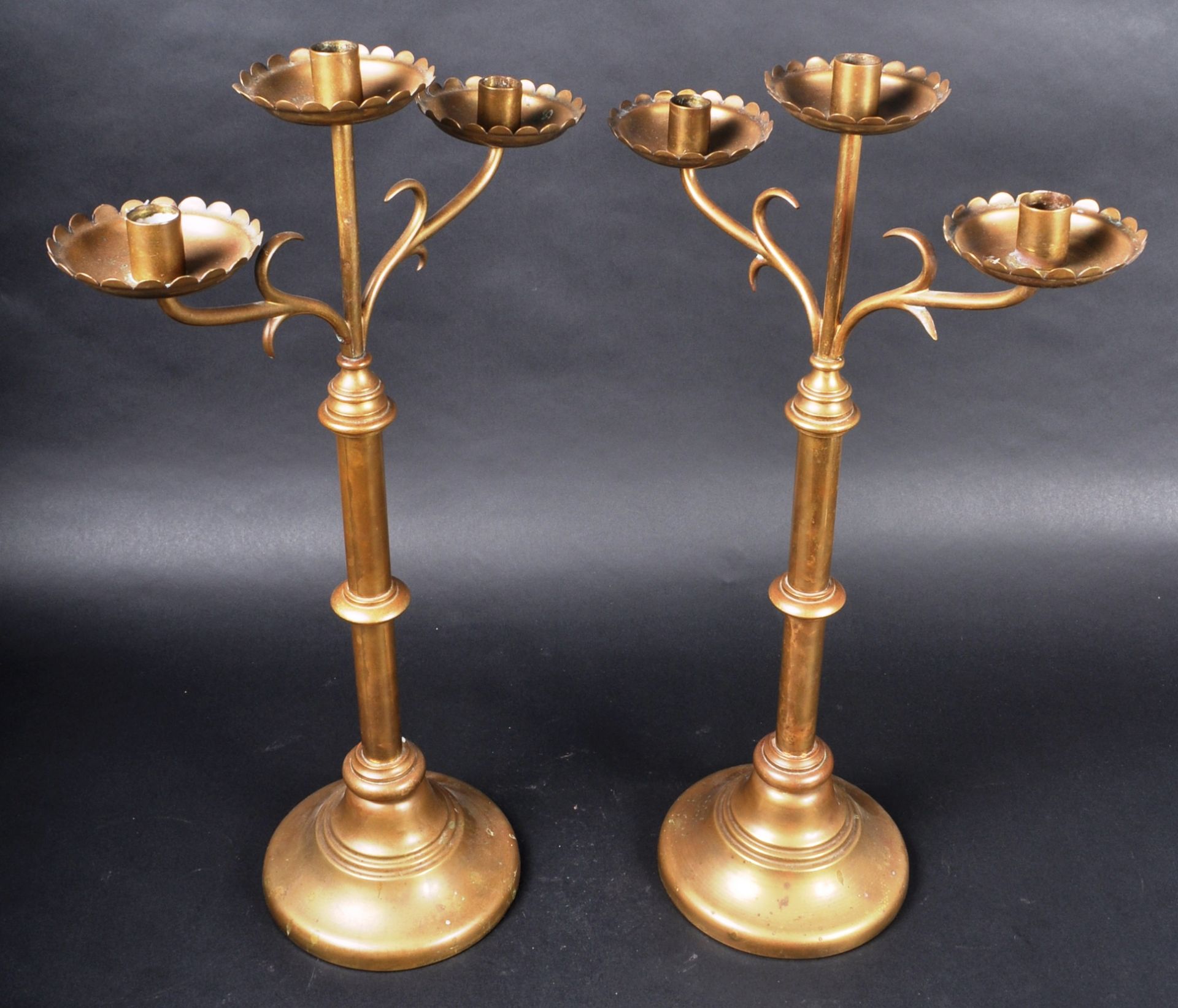 PAIR OF 19TH CENTURY GOTHIC BRASS TRIPLE CANDLESTICKS - Image 8 of 8