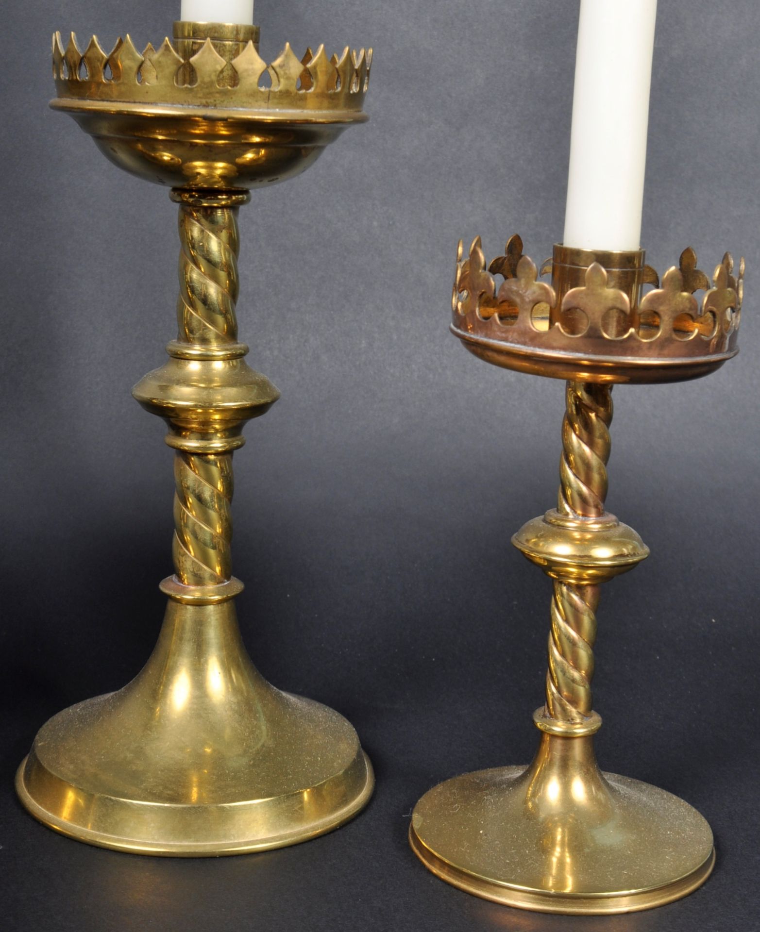 TWO PAIRS OF 19TH CENTURY GOTHIC BRASS CANDLESTICKS - Image 4 of 5