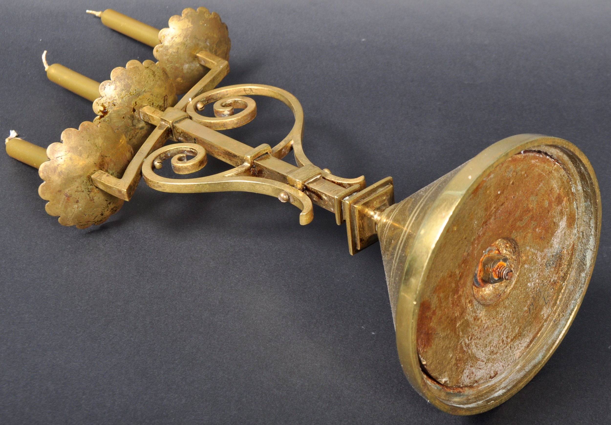 LATE 19TH CENTURY GOTHIC POLISHED BRASS TRIPLE CANDLESTICK - Image 7 of 7