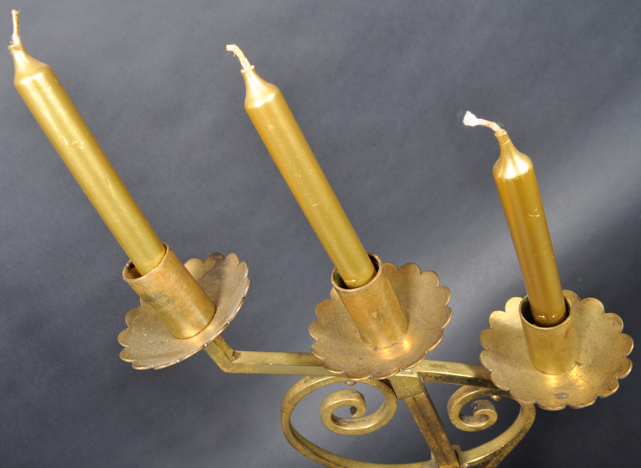 LATE 19TH CENTURY GOTHIC POLISHED BRASS TRIPLE CANDLESTICK - Image 3 of 7