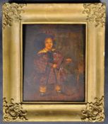 CHILD WITH HOOP & STICK - VICTORIAN OIL ON BOARD PAINTING