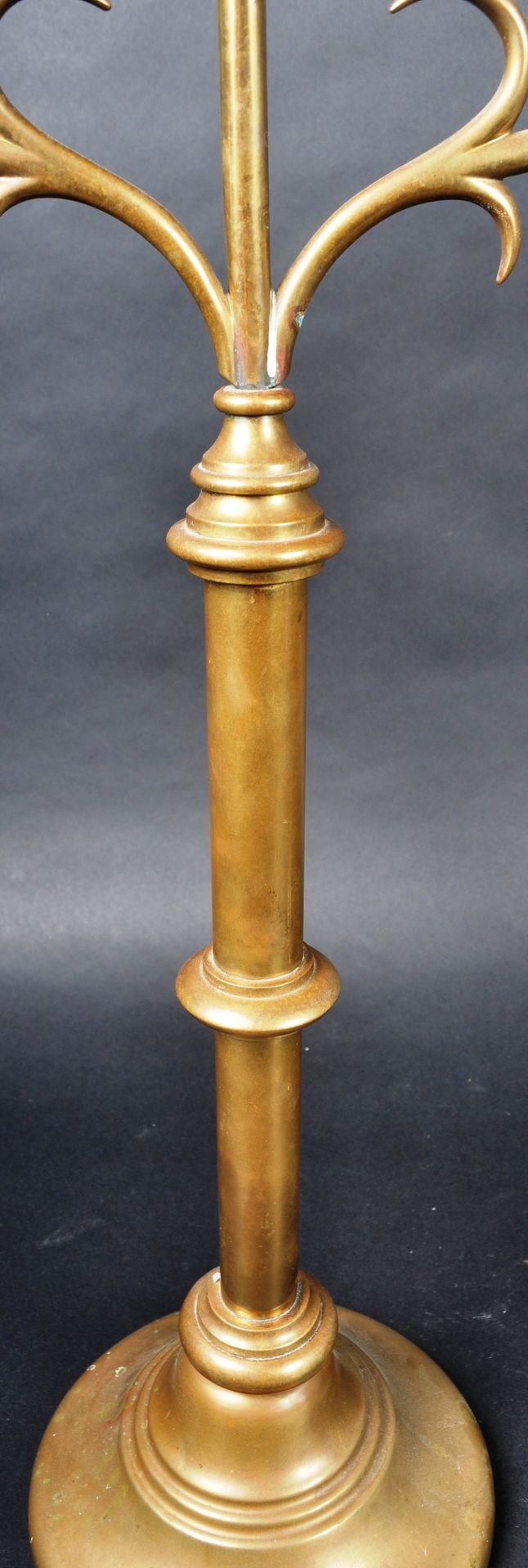 PAIR OF 19TH CENTURY GOTHIC BRASS TRIPLE CANDLESTICKS - Image 3 of 8