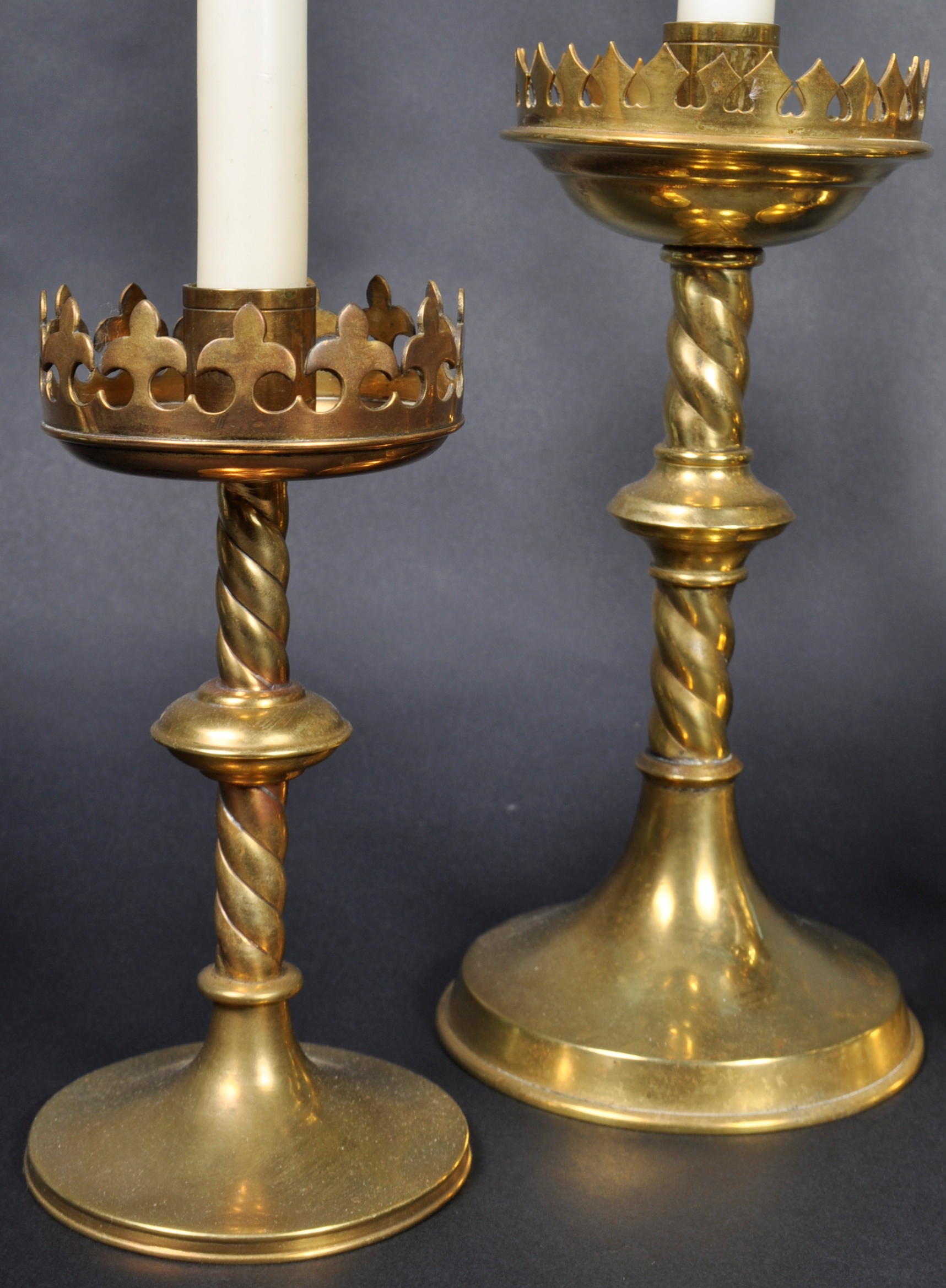 TWO PAIRS OF 19TH CENTURY GOTHIC BRASS CANDLESTICKS - Image 3 of 5