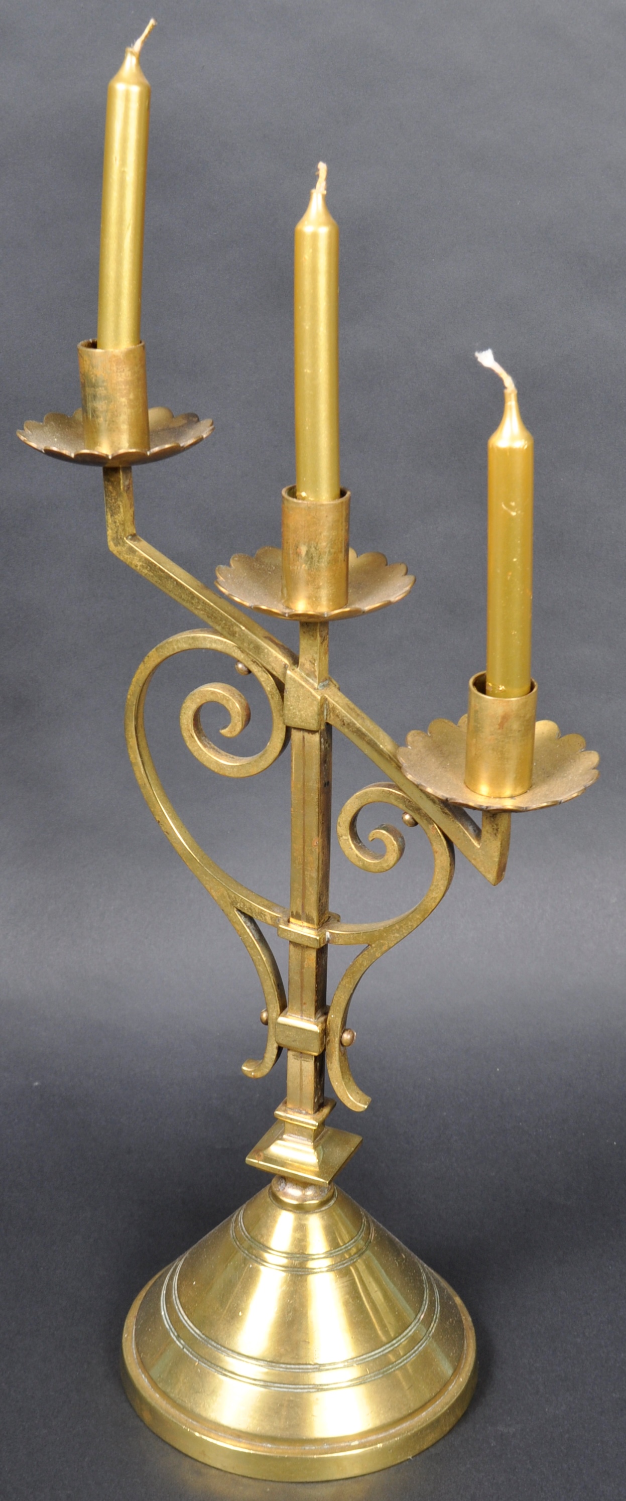 LATE 19TH CENTURY GOTHIC POLISHED BRASS TRIPLE CANDLESTICK - Image 2 of 7